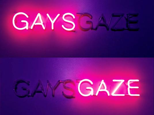 bright pink lighted sign 'GAYS GAZE'