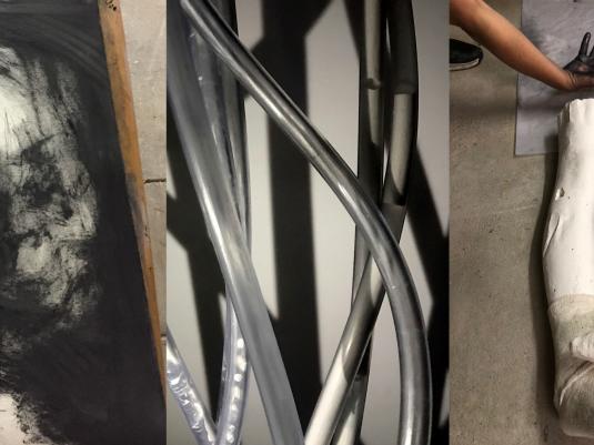 ceramic sculpture of legs, detail of abstract art work and tube sculpture