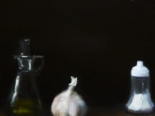 painting of garlic  bulb between pepper and salt shakers