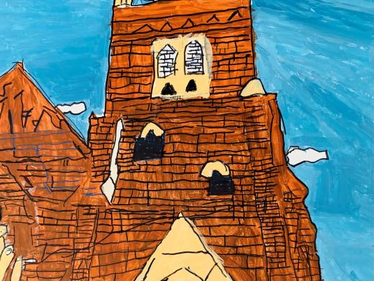 painting of church against blue sky