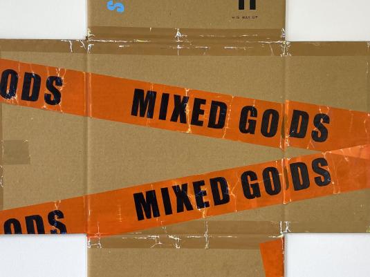 Sandra Kaji O’Grady 'Mixed gods' (detail) 2025, acrylic on cardboard box. Courtesy the artist