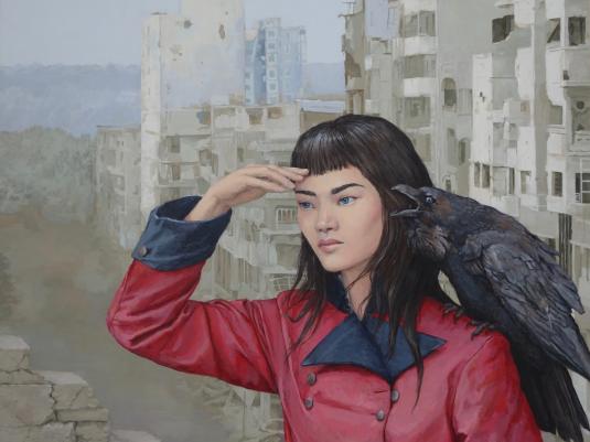 woman in red cot with a bird on her shoulder looking out with a city in ruins behind her