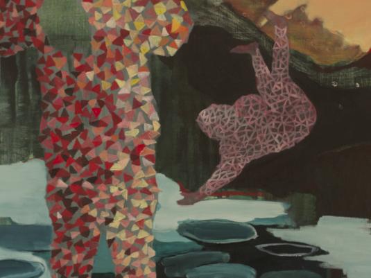 image of person in front of mountain in background and person falling