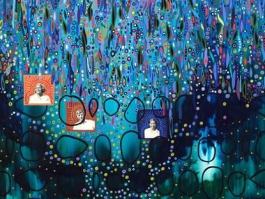 colourful abstract representing time with photographs of artist' family members