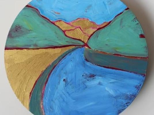 landscape with river and mountains painted on board