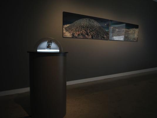 lit display case containing slay in front of wall the large mounted  image of slag