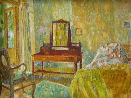 dressing table and chair with open door