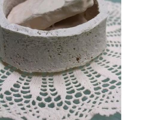 ceramic bowl, weetbix and doily