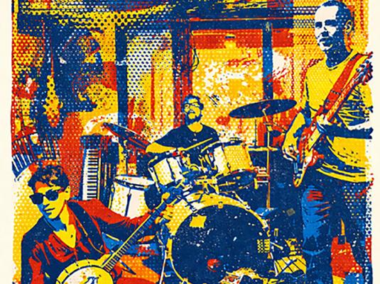 A colourful band poster showing three musicians, in blue, white, yellow and red. Then style is that of a screenprint