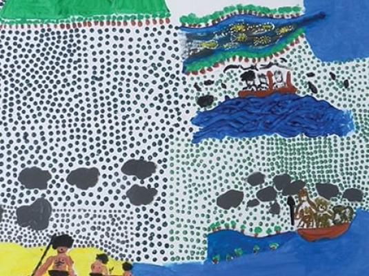 painting of beach, sea and people with boats