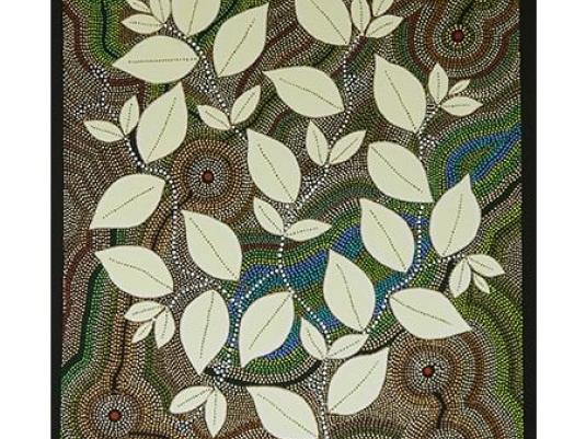 branches with leaves on a background of dot painting