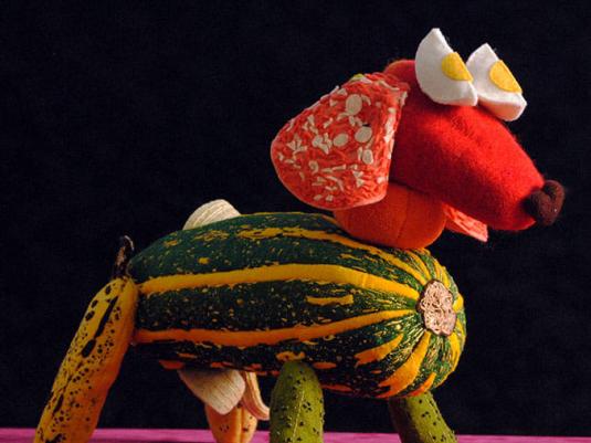 animal made from food and other found objects