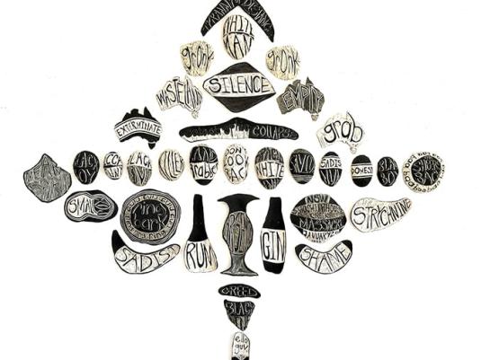 Multiple objects with inscriptions related to the issues concerning Indigenous Australians presented in the form of an elephant.