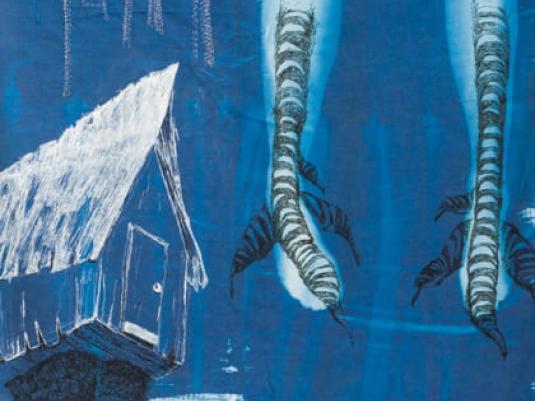 image of house on top of tree trunk with image of bird legs superimposed over human legs