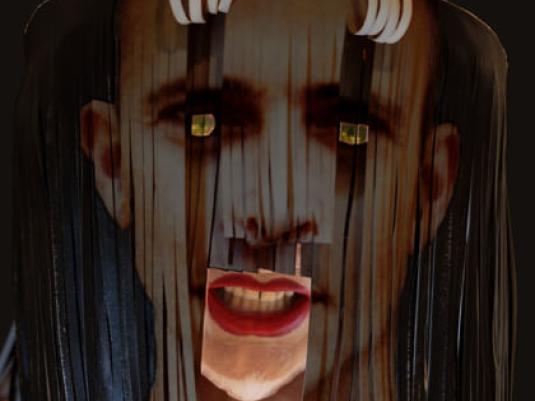 portrait of person with shining eyes and streaks over the face - except for mouth and chin area