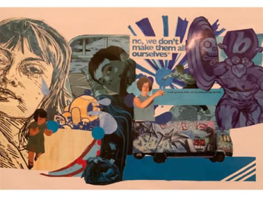collage of images including a robot, table, young woman, a running child