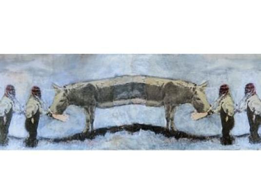 painting of double ended animal with a head at each end with two people near each head