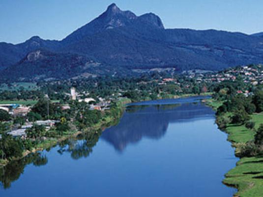 photo of Wollumbin (Mount Warning) in the distance with the river in the foreground