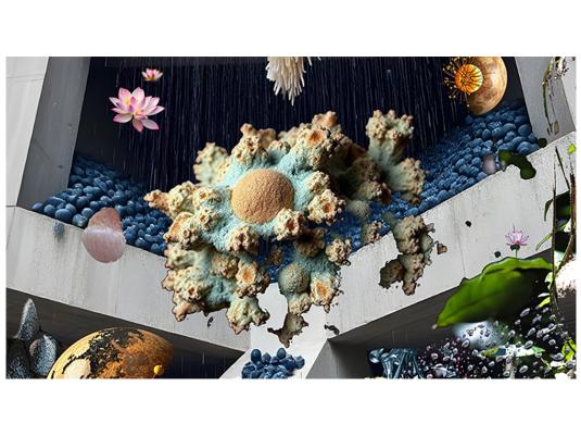 A digital collage including giant blueberries, lotus flowers, an industrial concrete building, water droplets and plants.