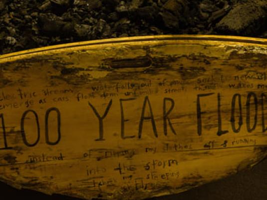 '100 year flood' and other comments on flood written on piece of flood refuse w