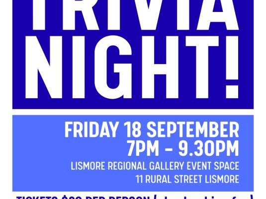 A blue and white poster saying TRIVIA NIGHT!