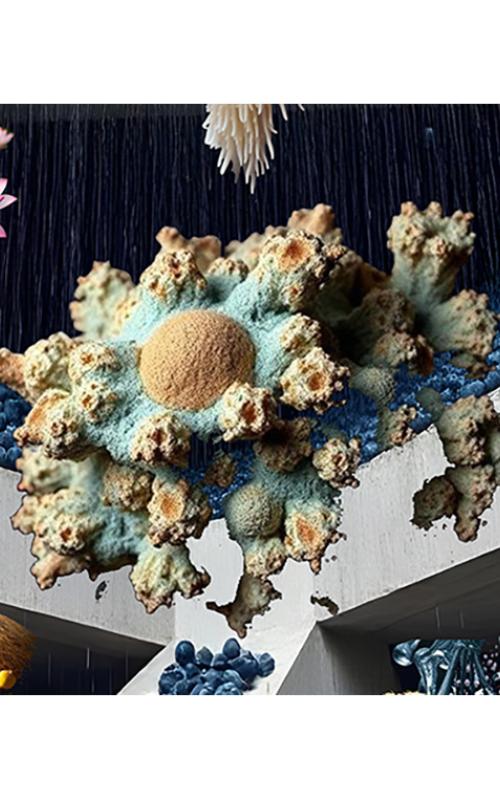 A digital collage including giant blueberries, lotus flowers, an industrial concrete building, water droplets and plants.