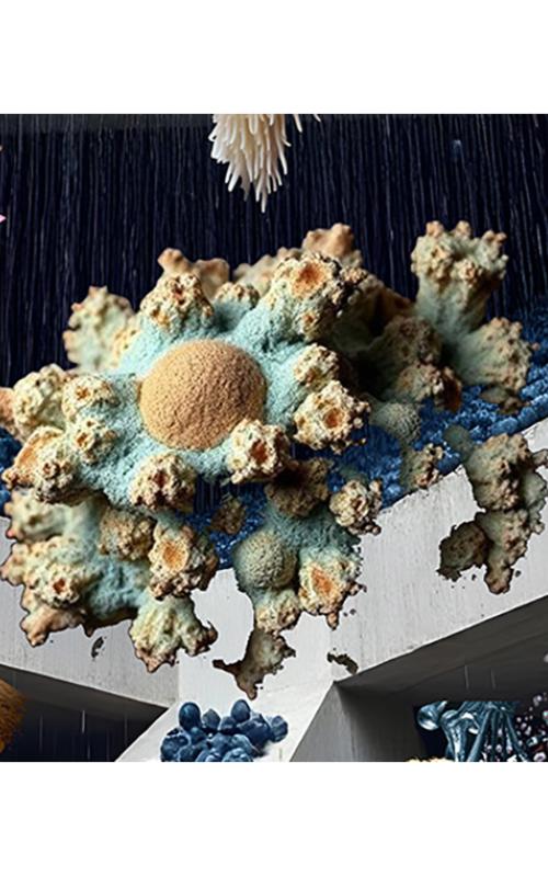 A digital collage including giant blueberries, lotus flowers, an industrial concrete building, water droplets and plants.